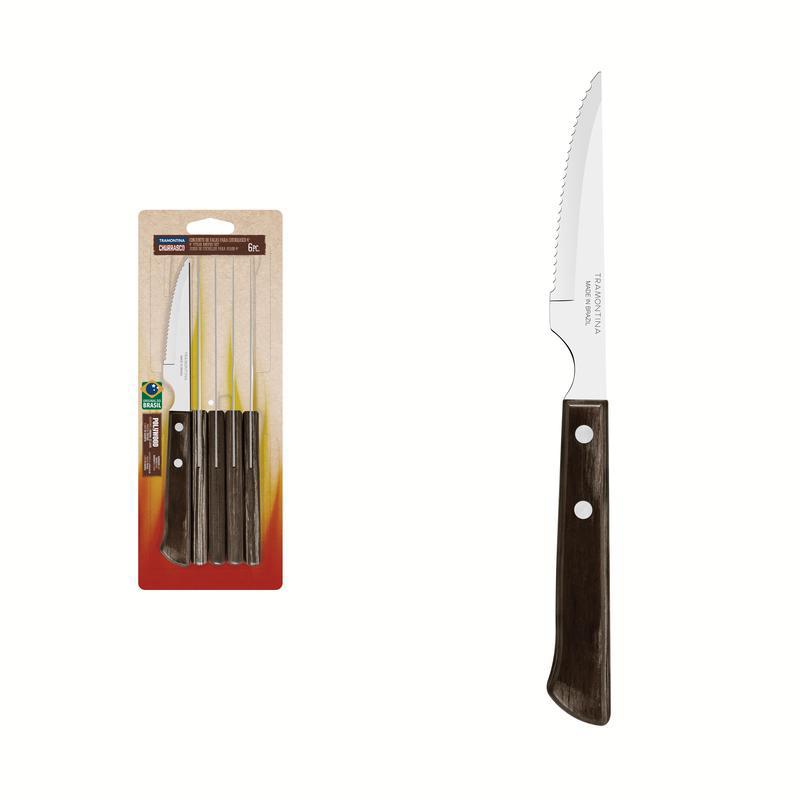 Conjunto de Facas para Churrasco Tramontina 4" em Aço Inox com Cabo Castanho Polywood 6 Peças