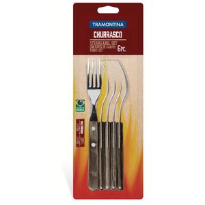 Conjunto de Garfos para Churrasco Tramontina em Aço Inox com Cabo Castanho Polywood 6 Peças